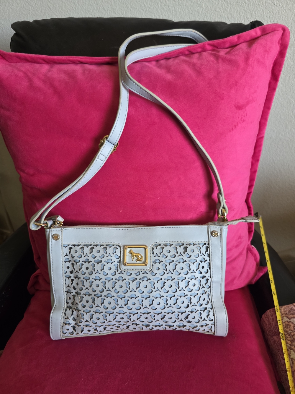 Emma Fox Blue Leather  Laser-Cut Crossbody Bag with Gold Accent